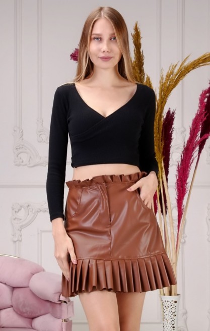 Kadın Suni Deri Pile Detaylı Etek