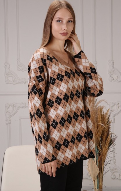 Kadın Baklava Desen Renkli Triko Kazak