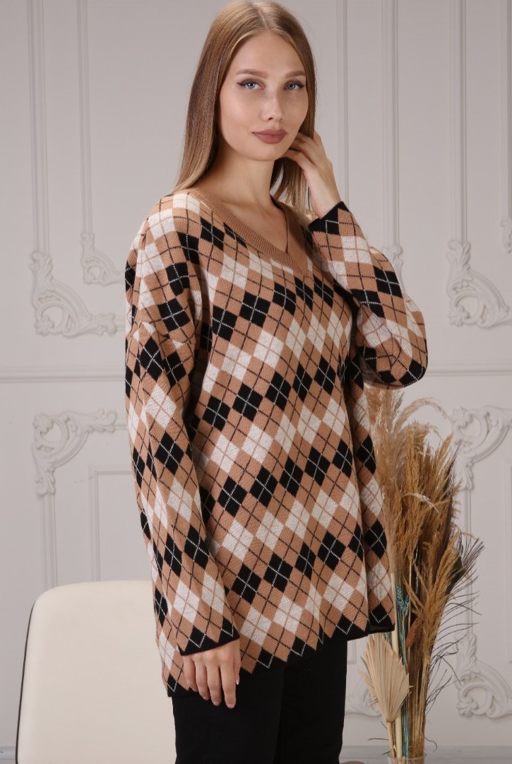 Kadın Baklava Desen Renkli Triko Kazak