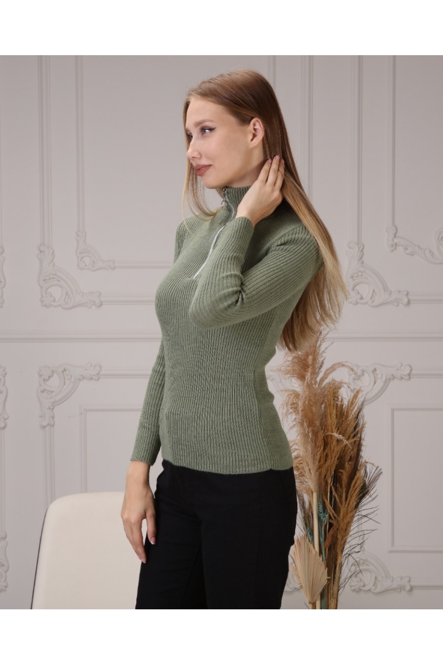 Kadın Fermuar Yakalı Triko Kazak