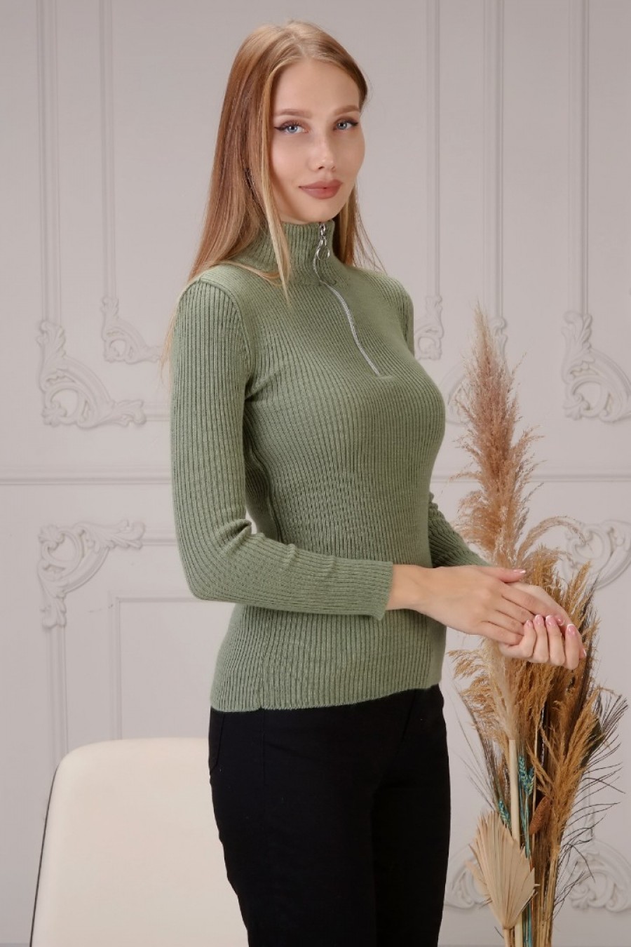 Kadın Fermuar Yakalı Triko Kazak