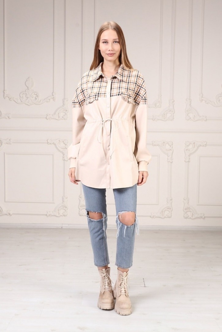 Kadın Ekose Detaylı Deri Gömlek