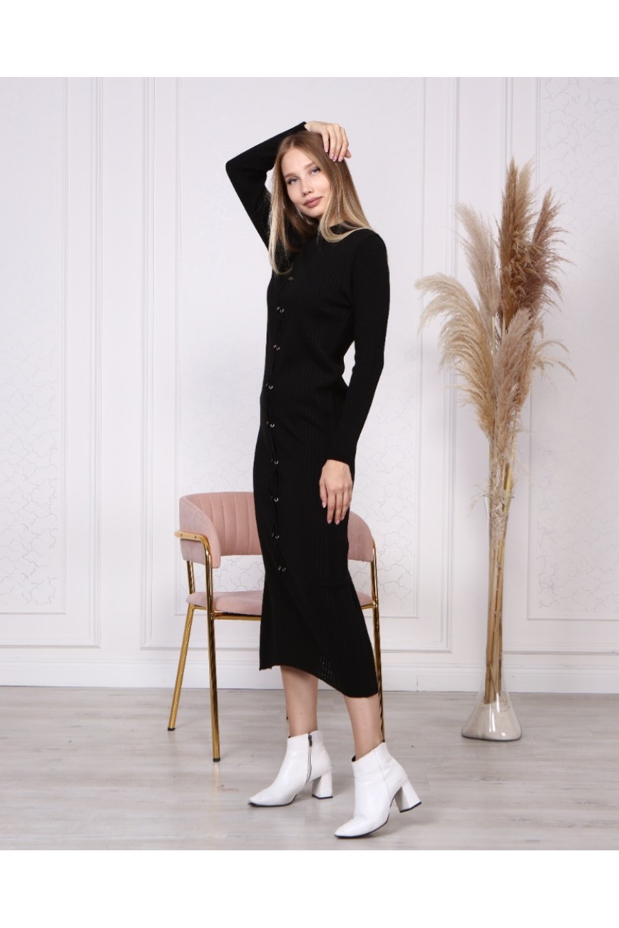 13465 Kadın Kuşgözü Detaylı Maxi Boy Triko Elbise