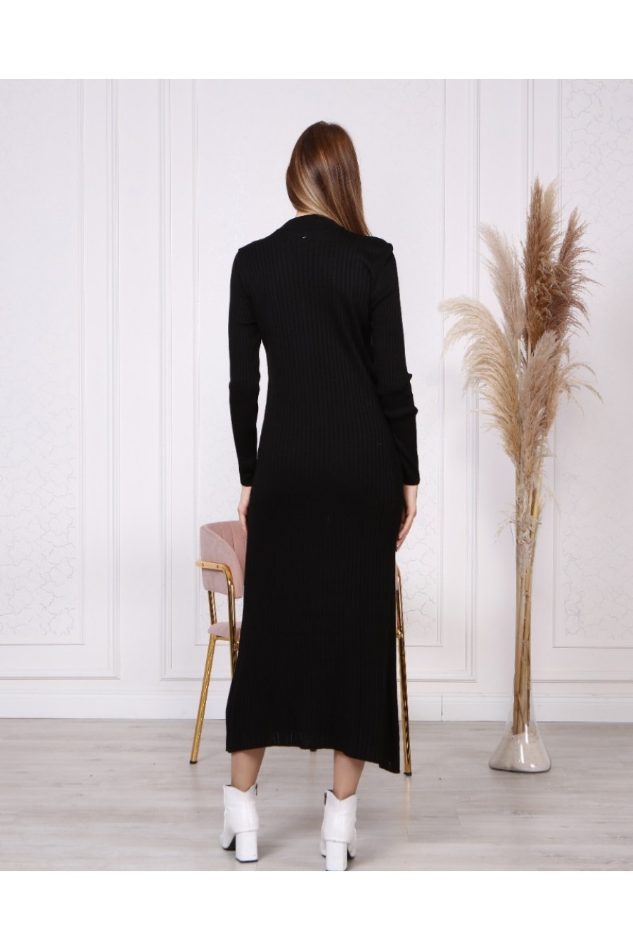 13465 Kadın Kuşgözü Detaylı Maxi Boy Triko Elbise