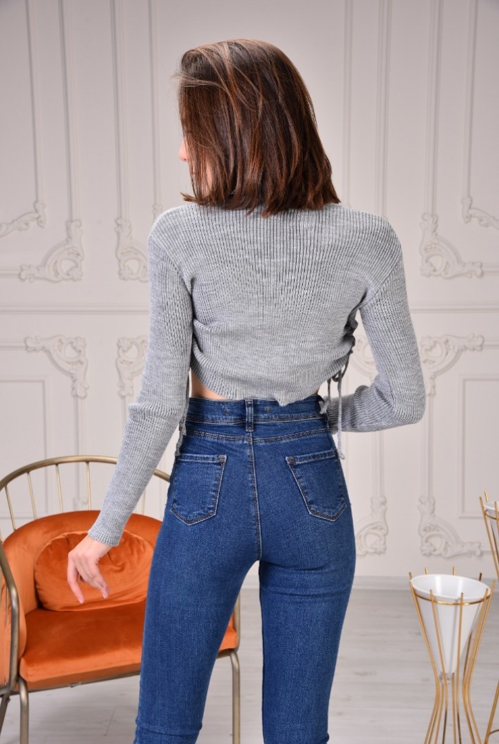 Kadın Yanları Büzgülü Crop Triko Bluz