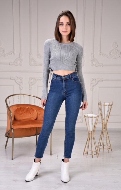 Kadın Yanları Büzgülü Crop Triko Bluz