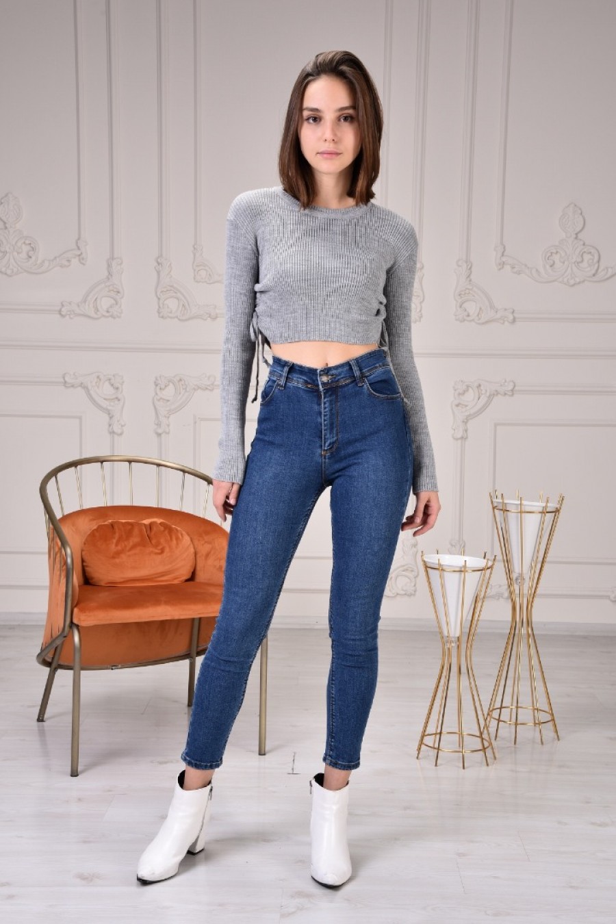 13622 Kadın Yanları Büzgülü Crop Triko Bluz