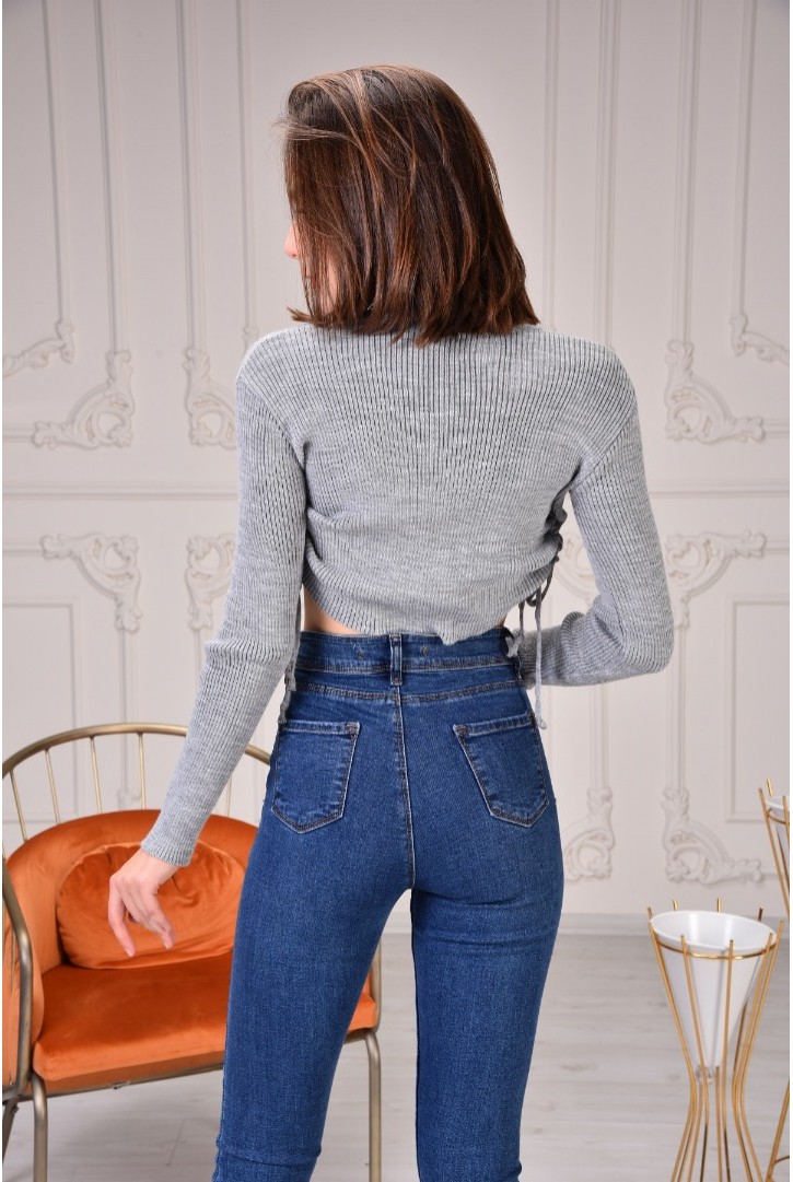 Kadın Yanları Büzgülü Crop Triko Bluz