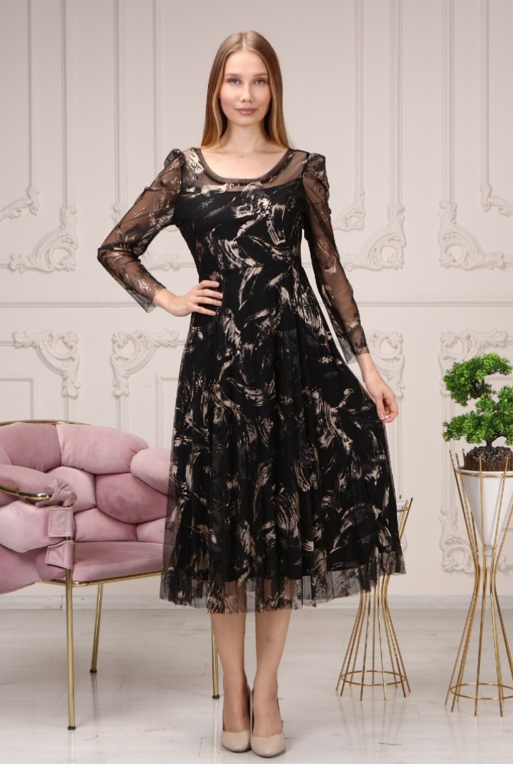 Kadın Fırça Darbesi Desenli Mesh Elbise