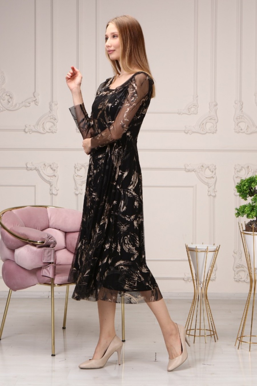 Kadın Fırça Darbesi Desenli Mesh Elbise