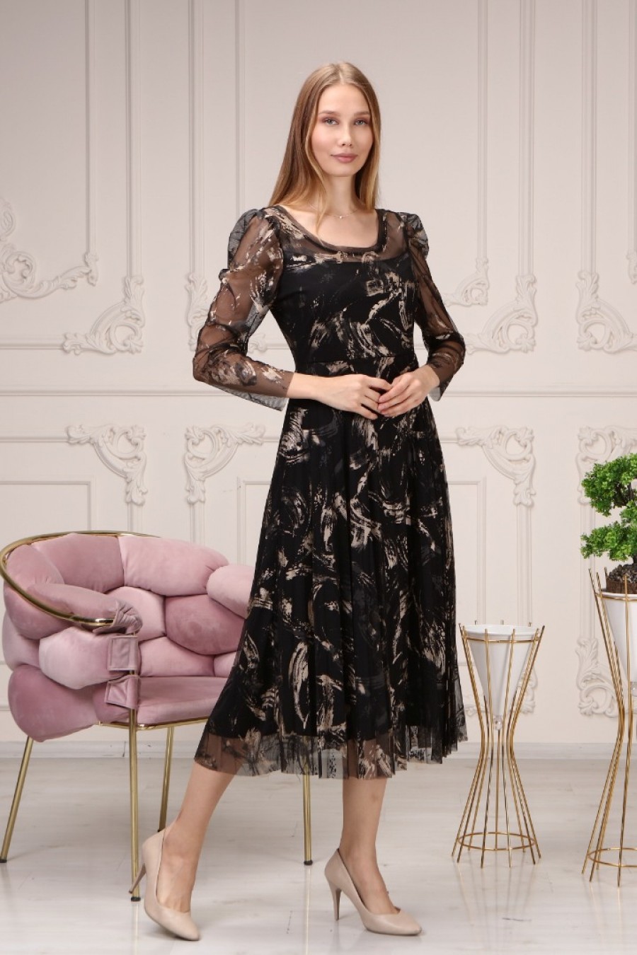 Kadın Fırça Darbesi Desenli Mesh Elbise