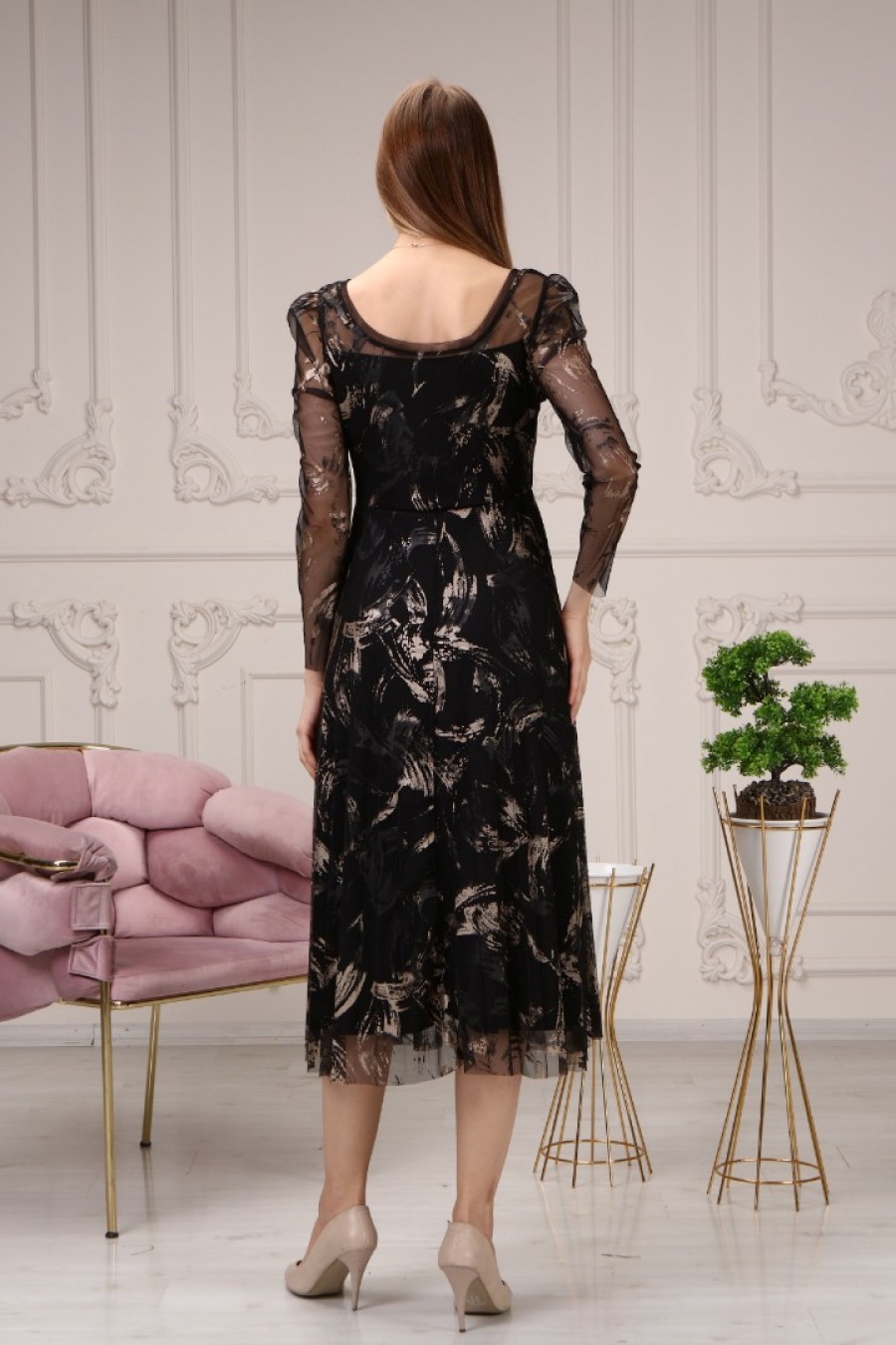 Kadın Fırça Darbesi Desenli Mesh Elbise