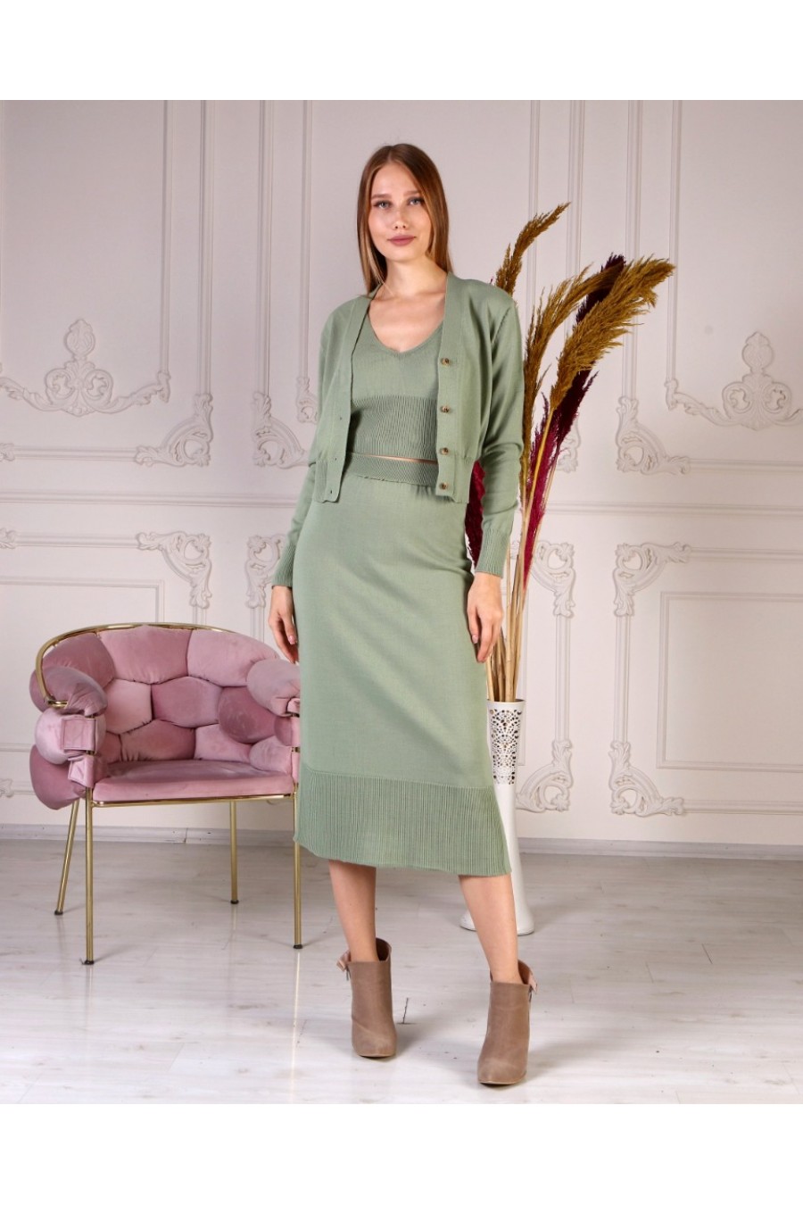 Kadın Etek-Bluz-Hırka Triko Takım