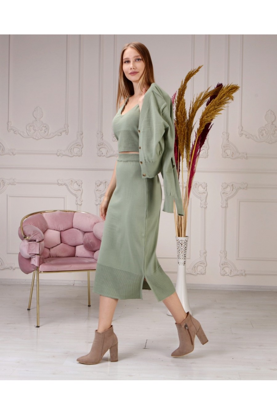 Kadın Etek-Bluz-Hırka Triko Takım