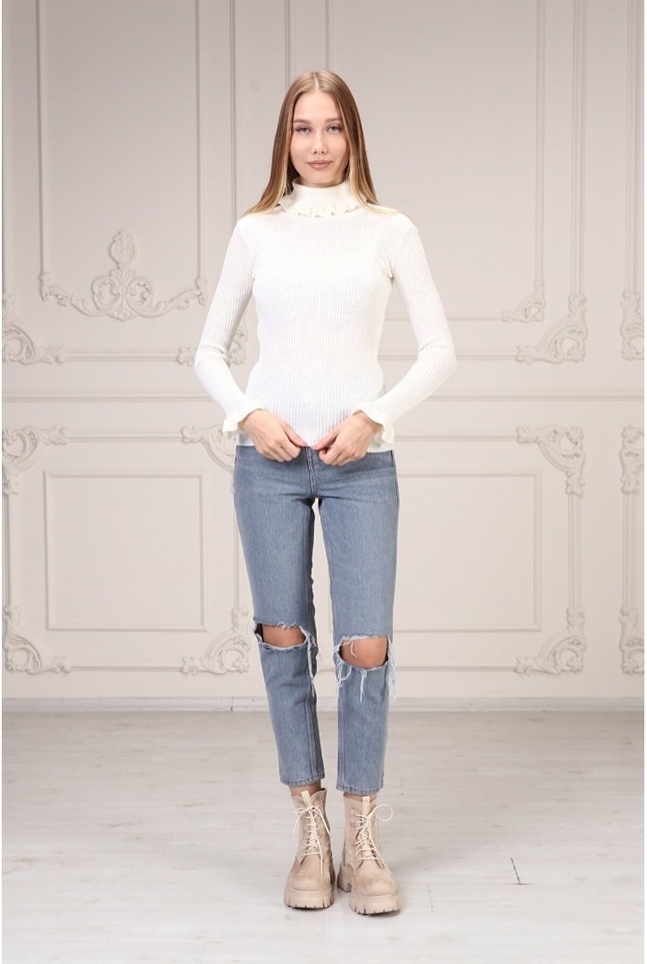 Kadın Yakası Fırfır Detaylı Triko Kazak