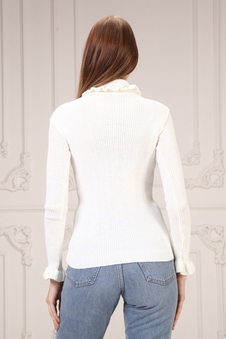 13793 Kadın Yakası Fırfır Detaylı Triko Kazak