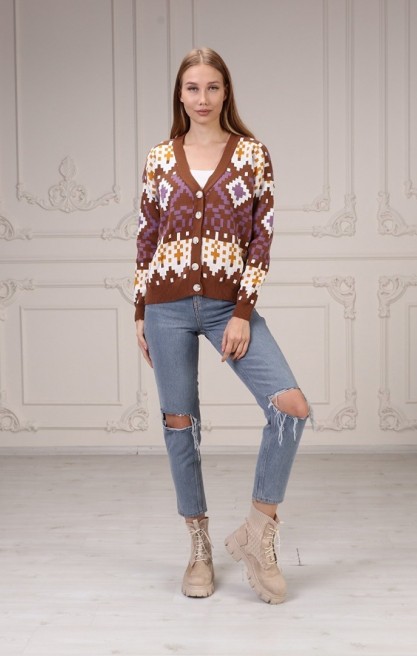 Kadın Geometrik Desenli Triko Hırka