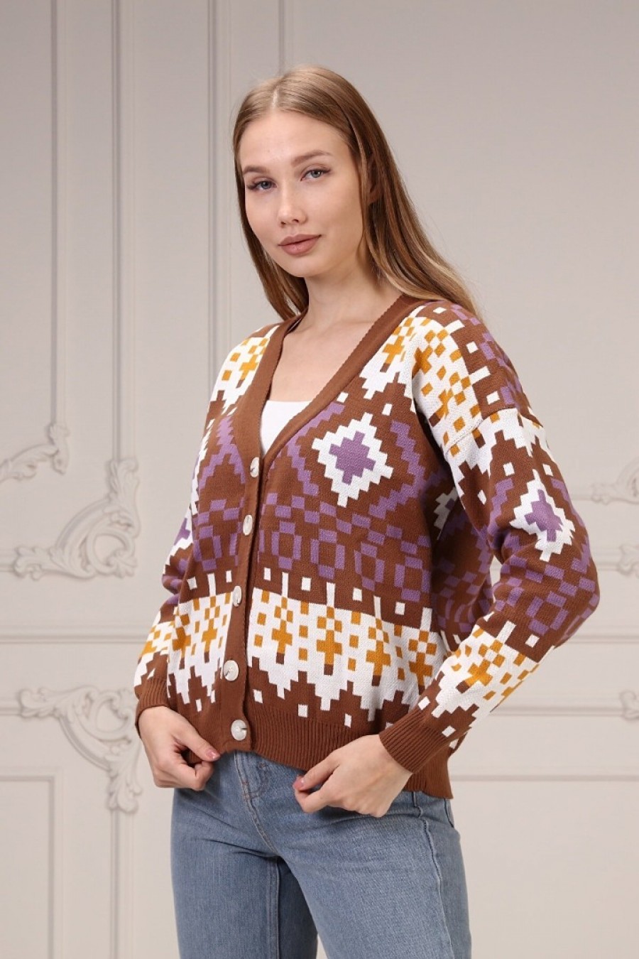 Kadın Geometrik Desenli Triko Hırka