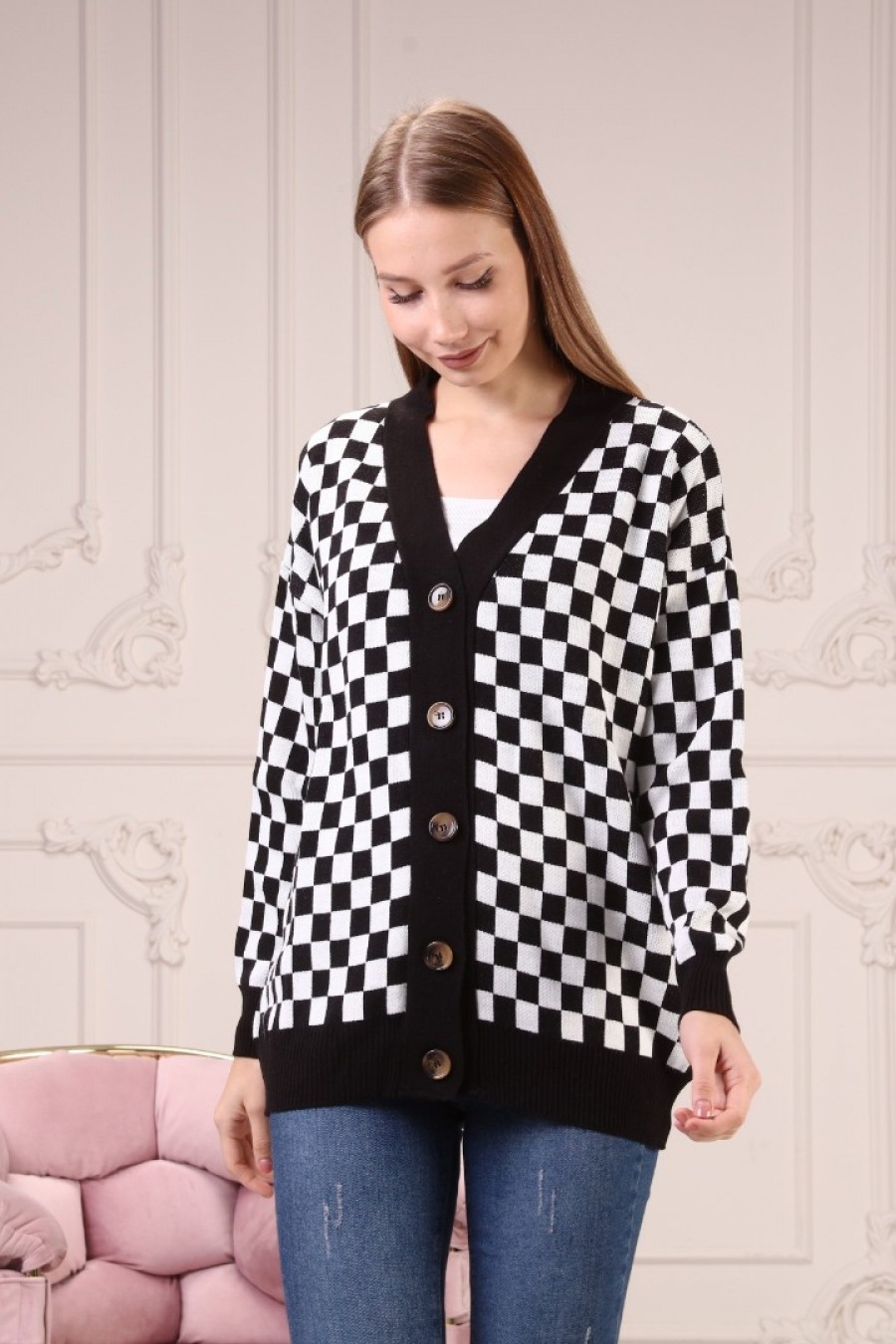 13855 Kadın Damalı Triko Hırka