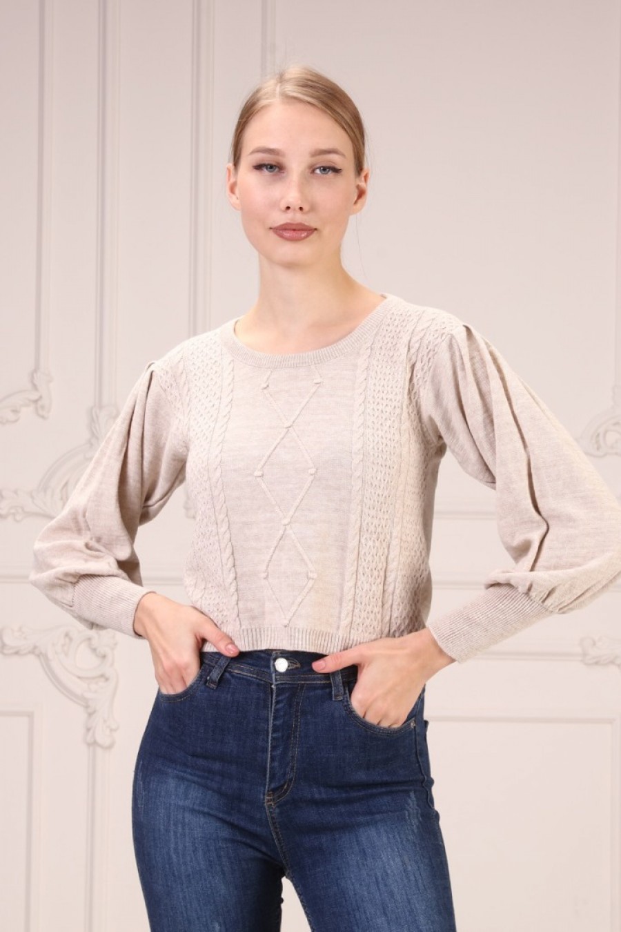 Kadın Kabartma Desenli Triko Kazak