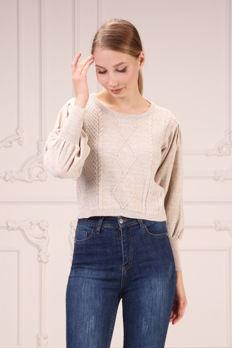 Kadın Kabartma Desenli Triko Kazak