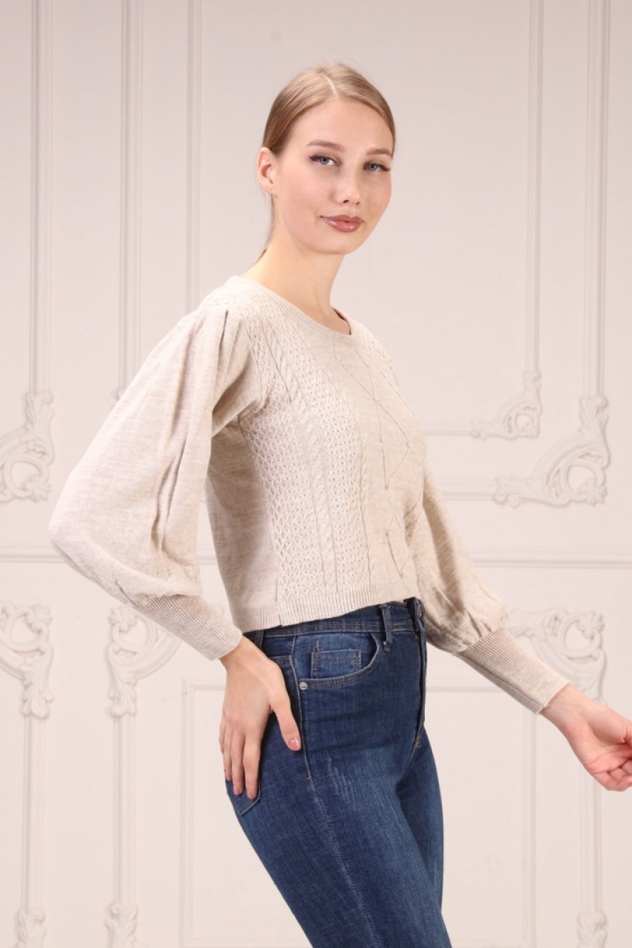 Kadın Kabartma Desenli Triko Kazak