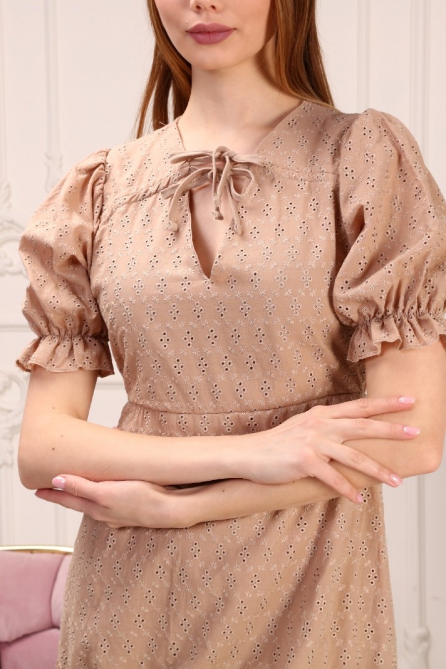 13862 Kadın Yakası Bağcıklı Büzgülü Elbise