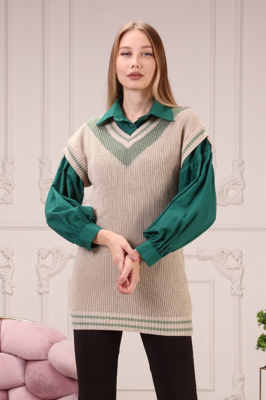 Kadın Çizgi Detaylı Triko Süveter