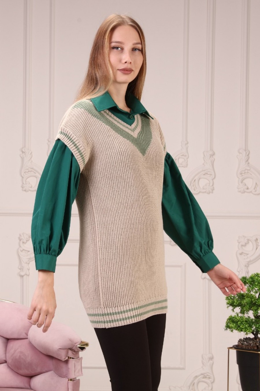 Kadın Çizgi Detaylı Triko Süveter