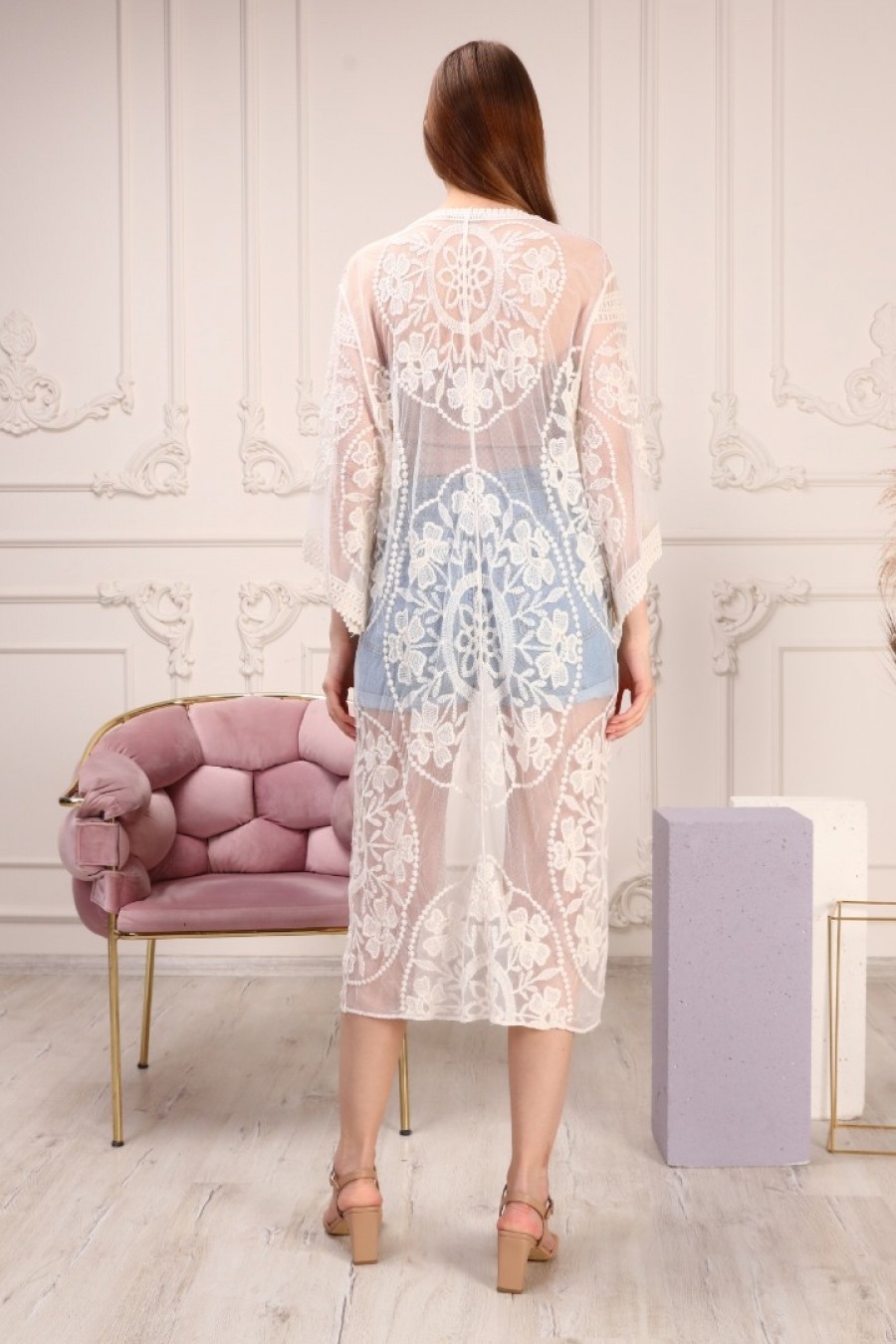 14080 Kadın Nakışlı Tül Kimono