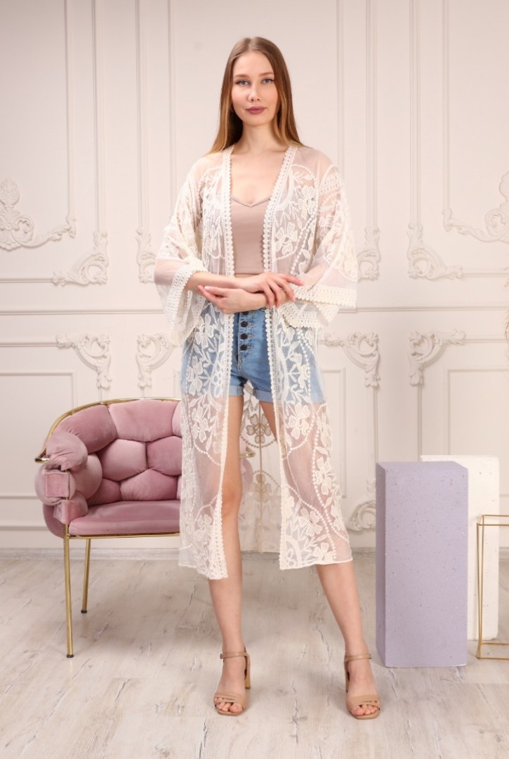 Kadın Nakışlı Tül Kimono