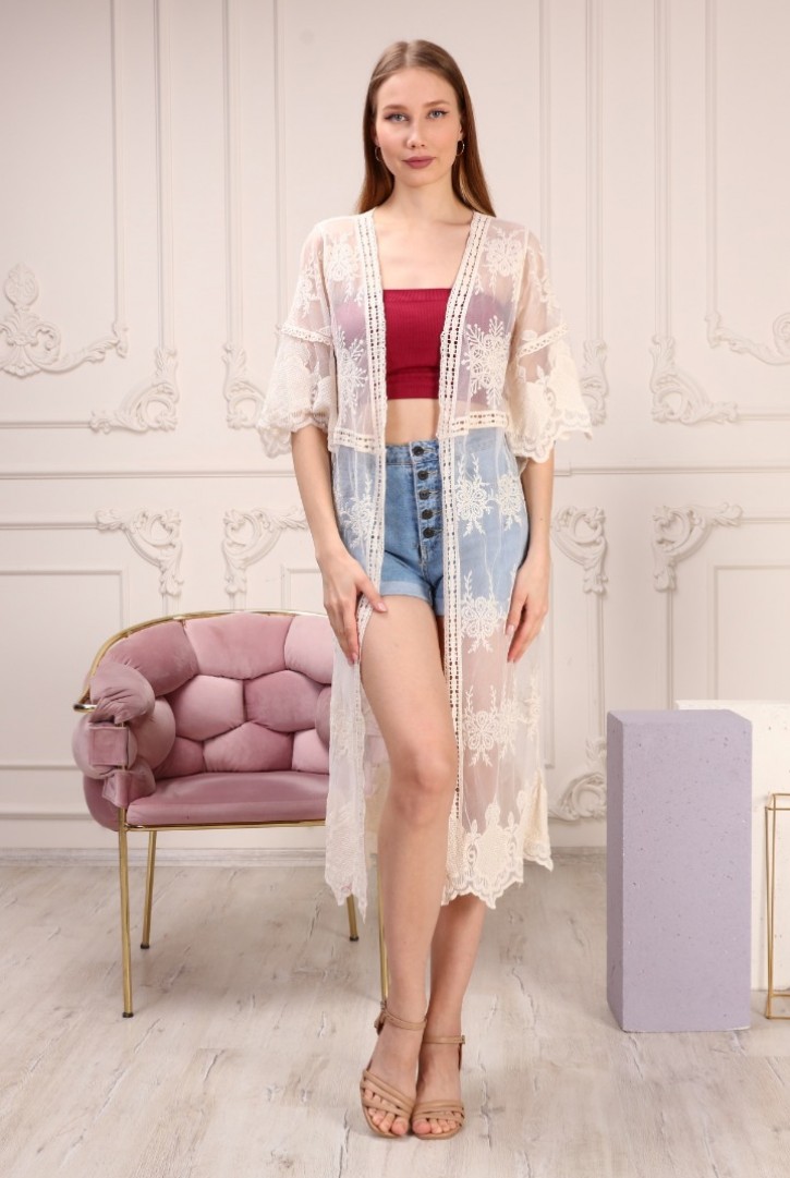 Kadın Yarım Kollu Tül Kimono