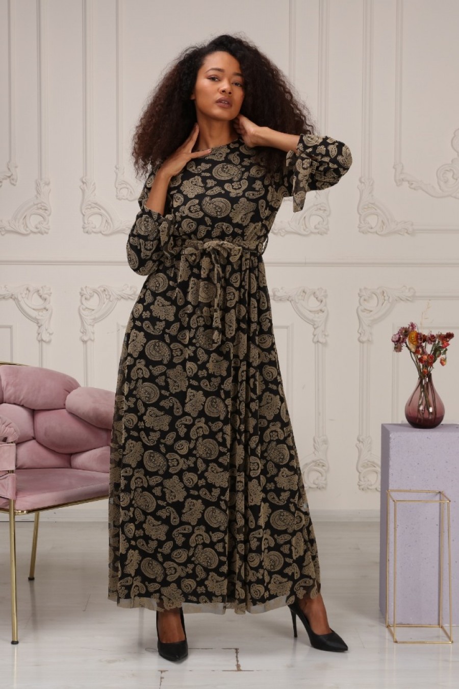 14447 Kadın Şal Desenli Elbise