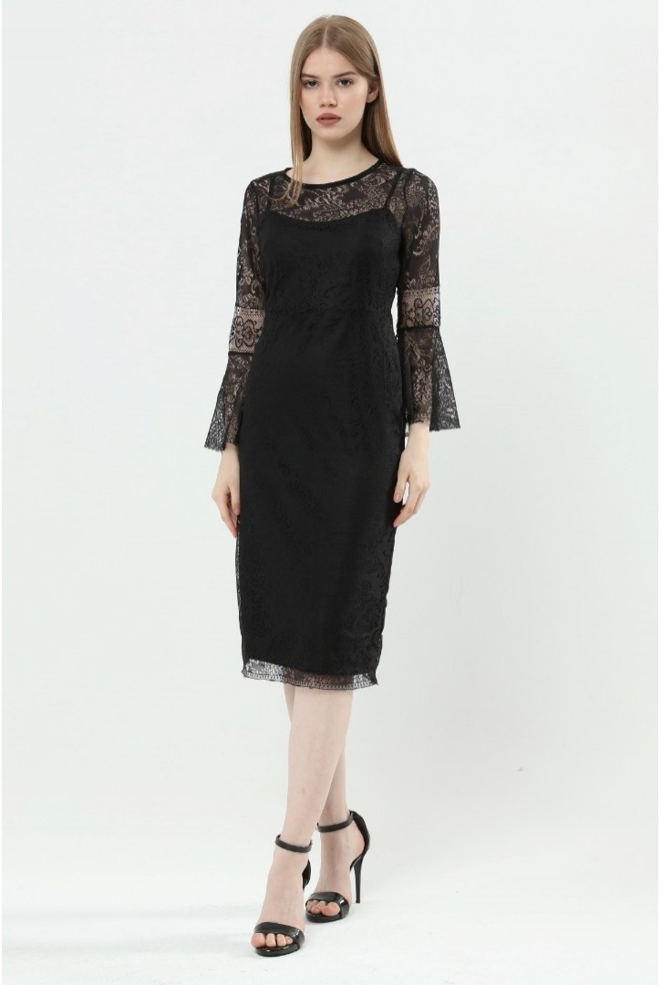 Kadın Uzun Mendil Kollu Dantel Elbise