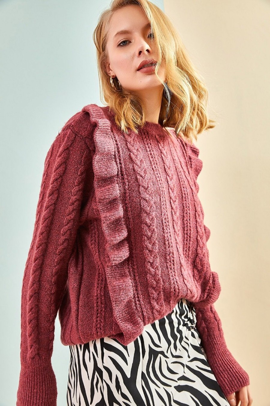 15846 Kadın Örgü Desenli Triko Kazak