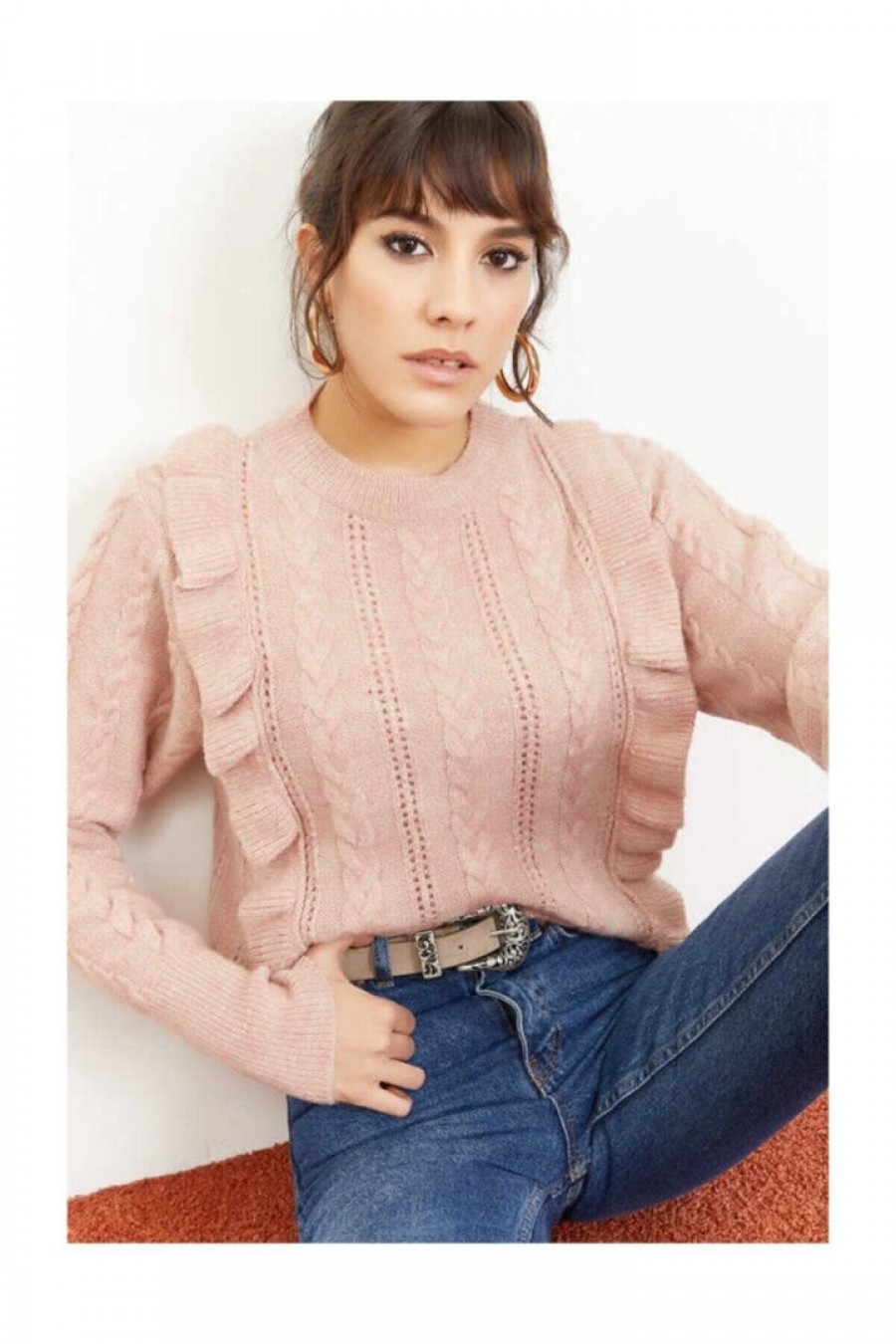 15846 Kadın Örgü Desenli Triko Kazak