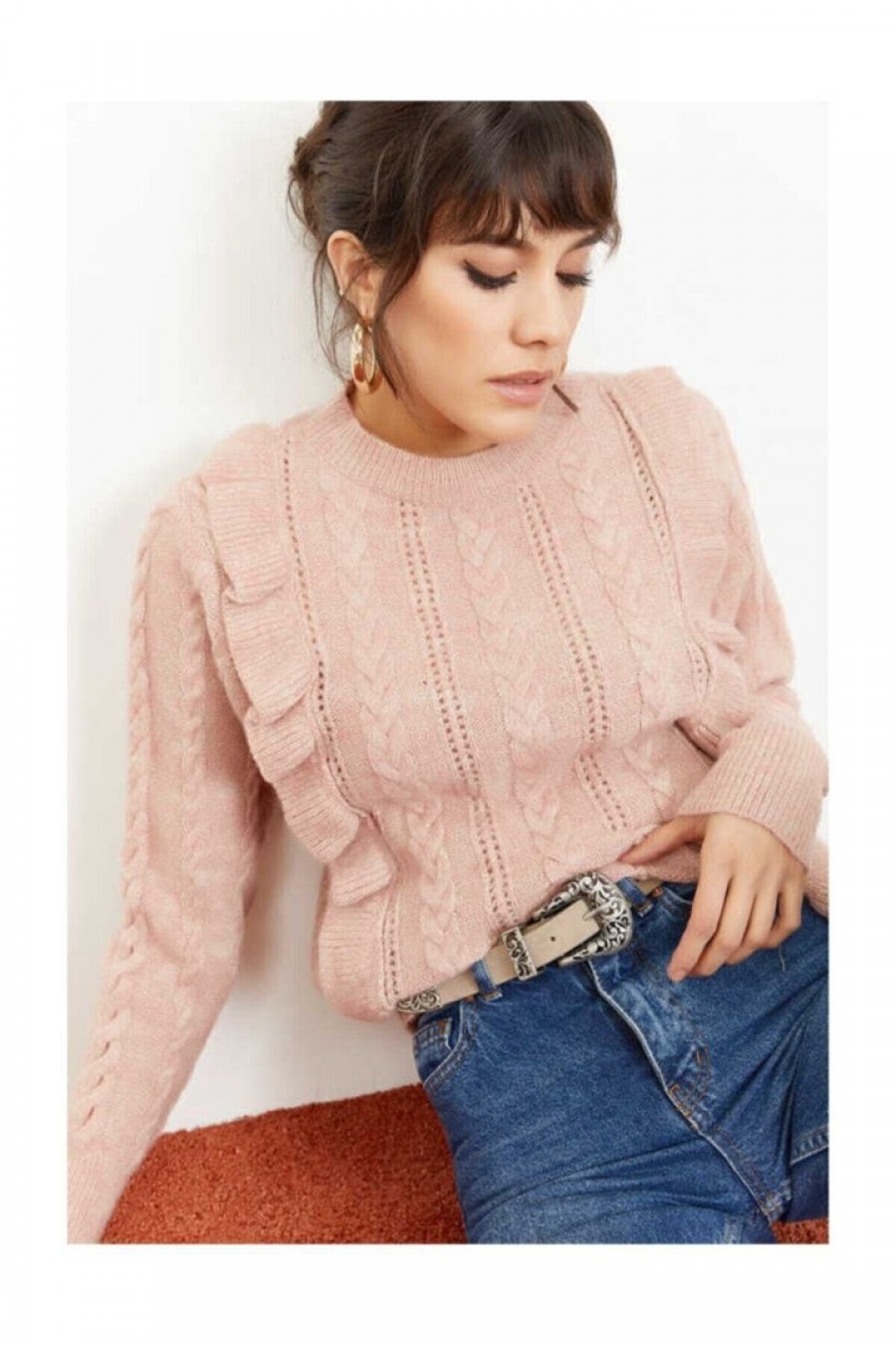 15846 Kadın Örgü Desenli Triko Kazak