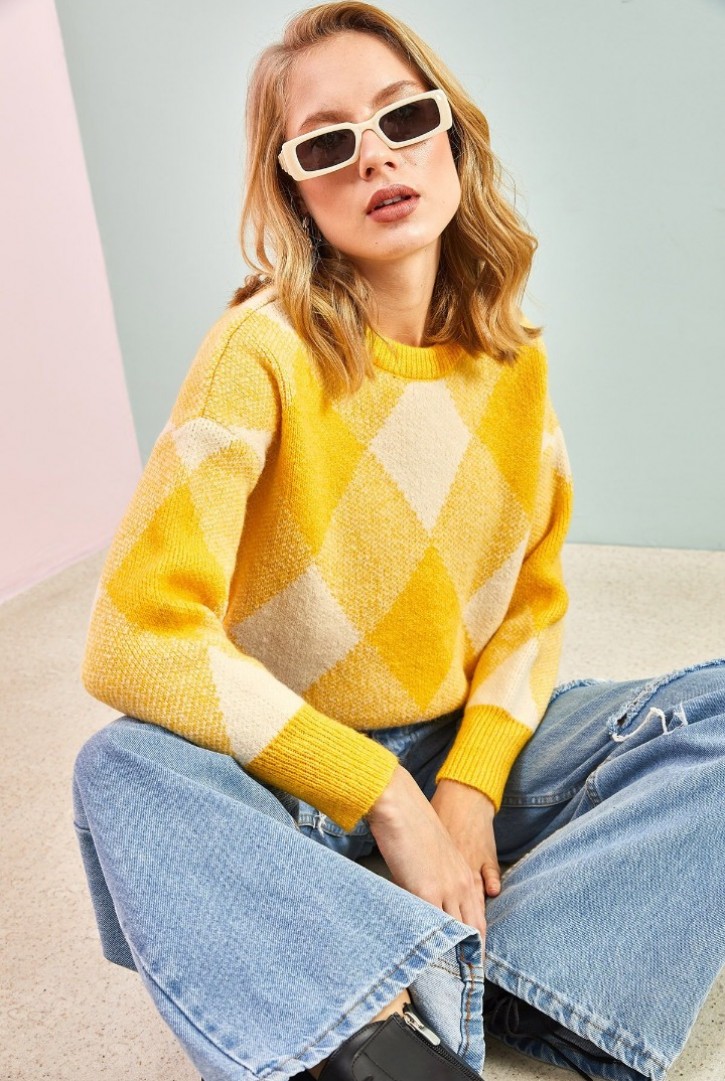 Kadın Baklava Desenli Triko Kazak