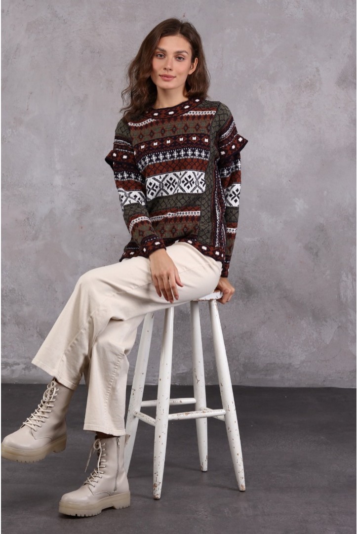 Kadın Etnik Desenli Triko Kazak