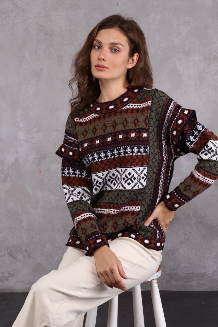 Kadın Etnik Desenli Triko Kazak