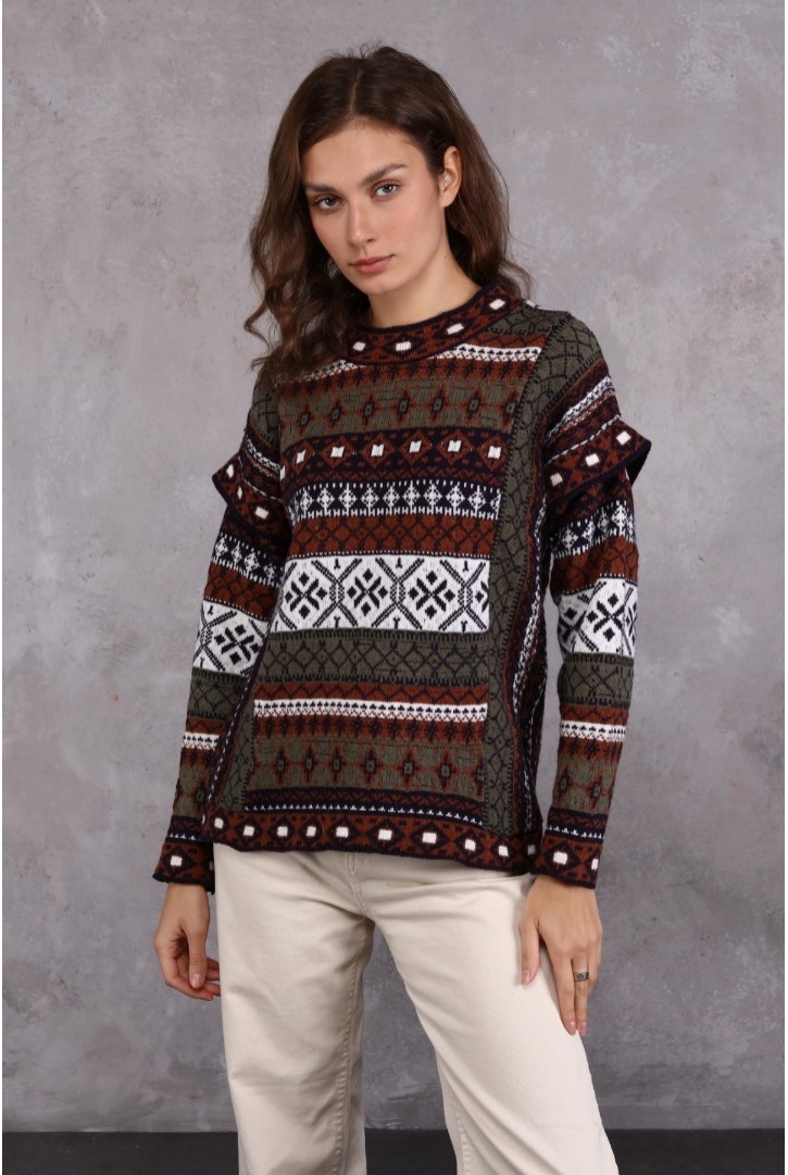 Kadın Etnik Desenli Triko Kazak