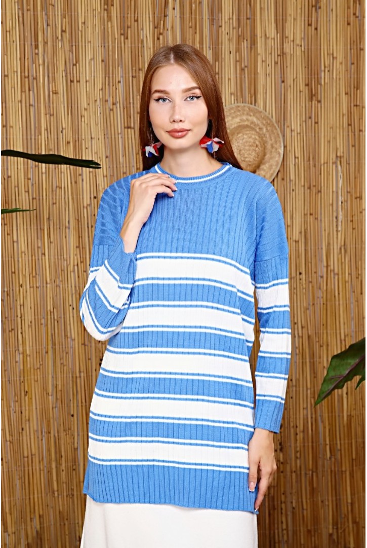 Kadın Çizgili Uzun Triko Kazak