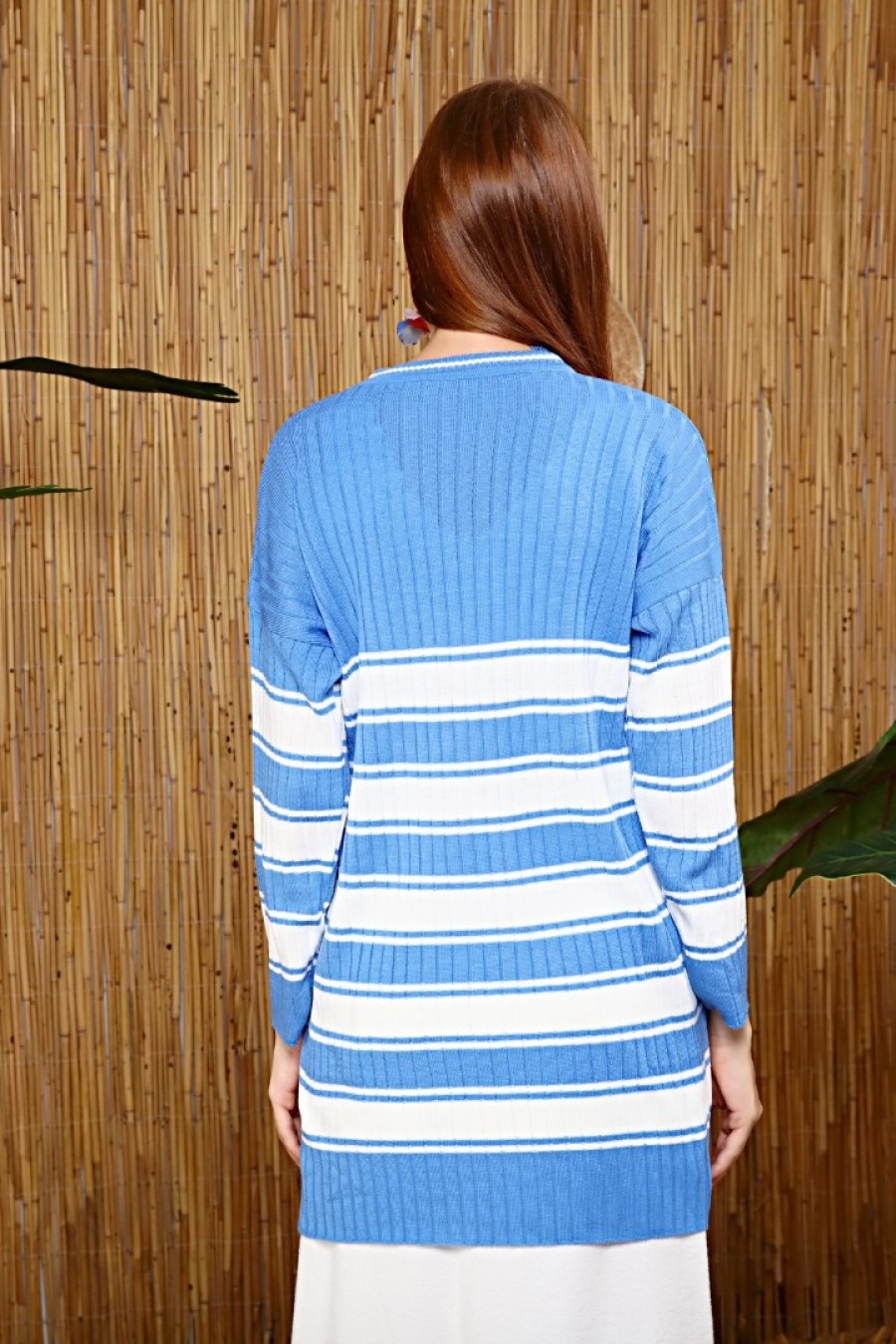 15876 Kadın Çizgili Uzun Triko Kazak