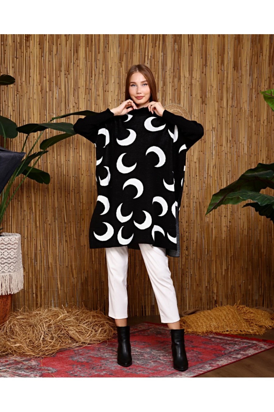 15903 Kadın Ay Desenli Triko Kazak