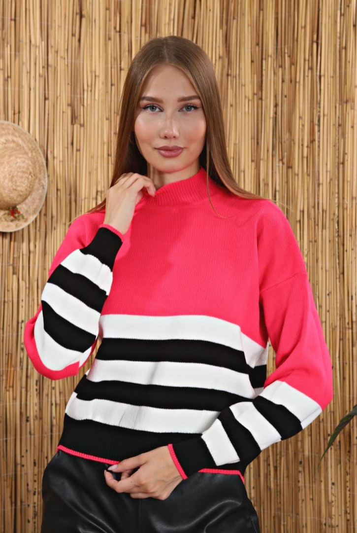 Kadın Balıkçı Yaka Çizgili Triko Kazak
