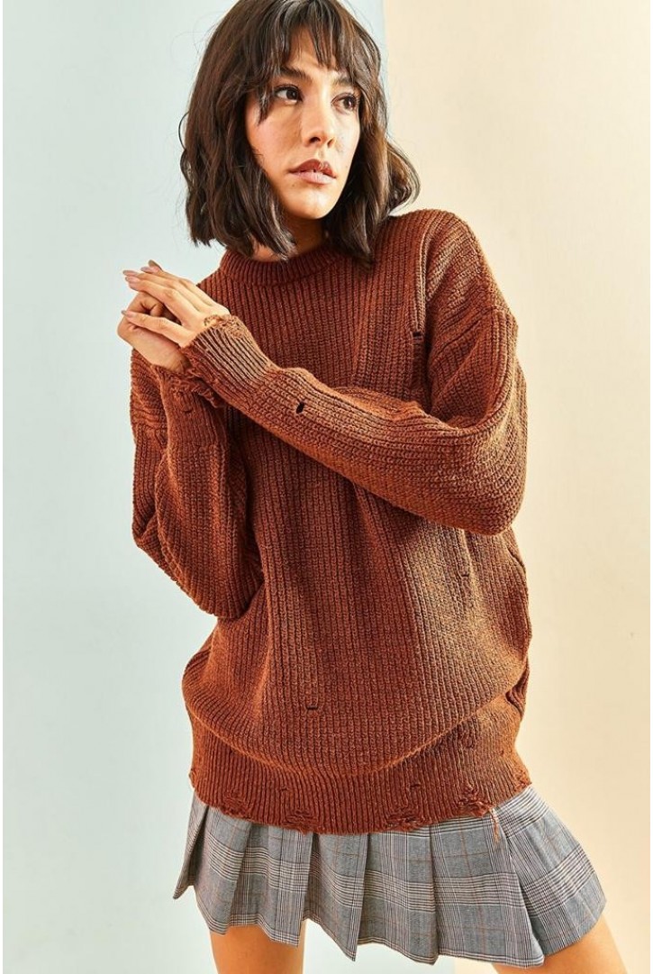 Kadın Eskitme Triko Kazak