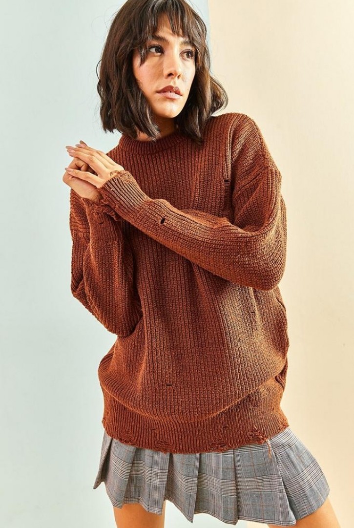 Kadın Eskitme Triko Kazak