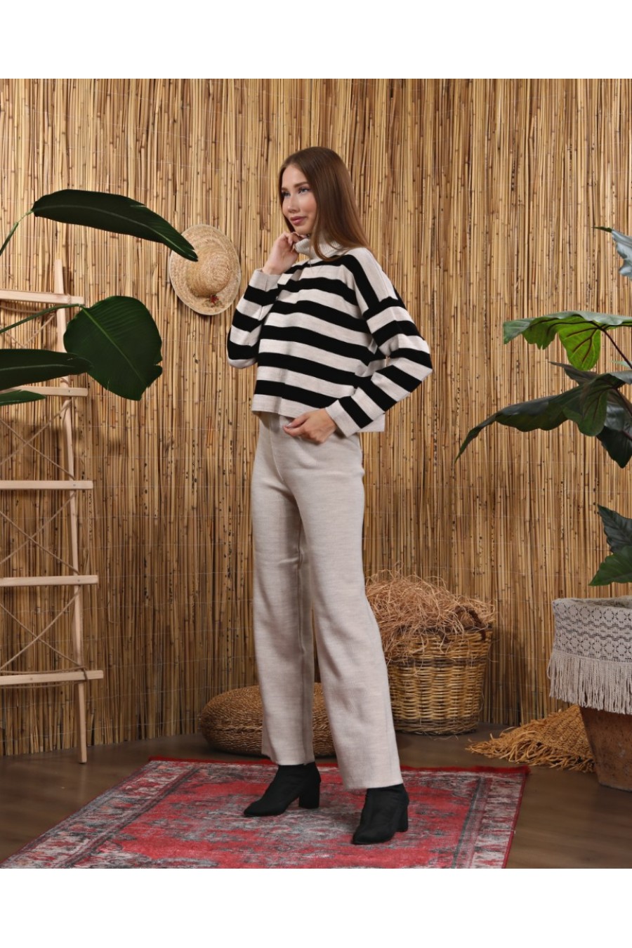 Kadın Kalın Çizgili Triko Kazak