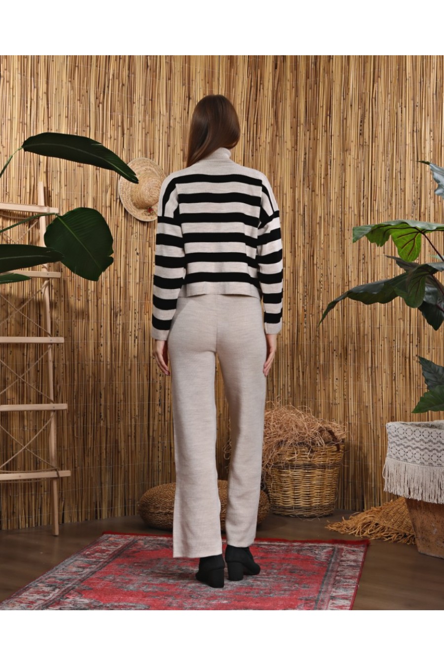 Kadın Kalın Çizgili Triko Kazak