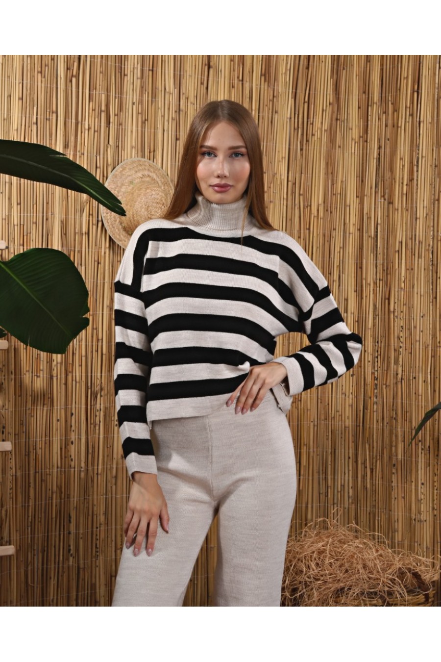 Kadın Kalın Çizgili Triko Kazak